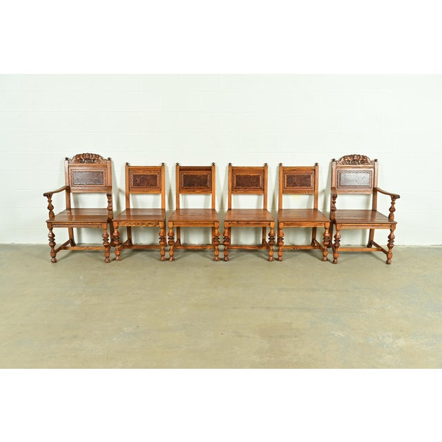 English Early Romweber Antique English Jacobean Carved Oak and Burl Wood Dining Chairs, Set of Six For Sale - Image 3 of 13