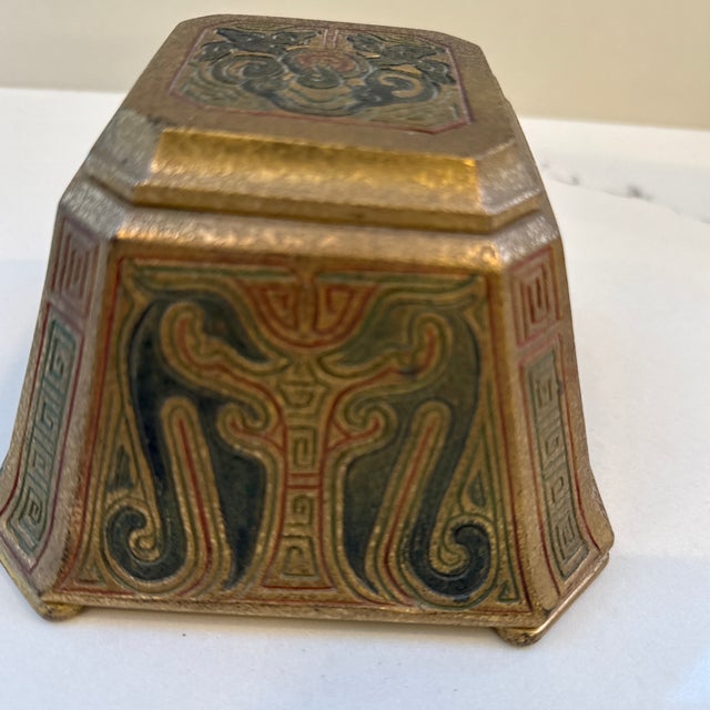 Tiffany Studio New York Chinese Pattern inkwell featuring green and red enameling over gilt bronze scroll design - signed...