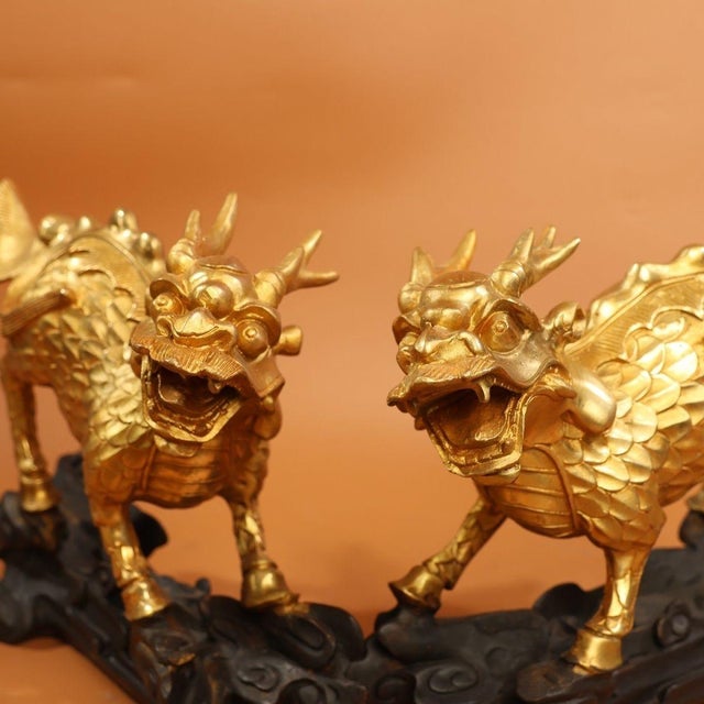 Bronze Late 19th Century Pair of Gilt Bronze Winged Qilin Statues, Mythical Beast Figures, 3.75kg For Sale - Image 8 of 9