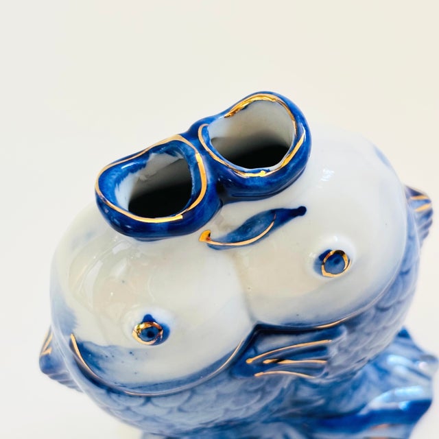 Blue Blue and White Porcelain Kissing Koi Fish Vase For Sale - Image 8 of 12