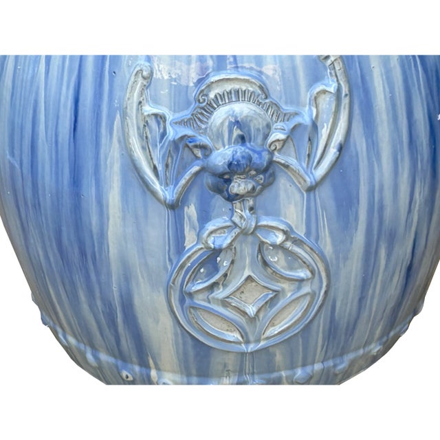 1990s Chinese White Blue Glaze Bat Fortune Coin Pattern Round Ceramic Garden Stool For Sale - Image 5 of 7