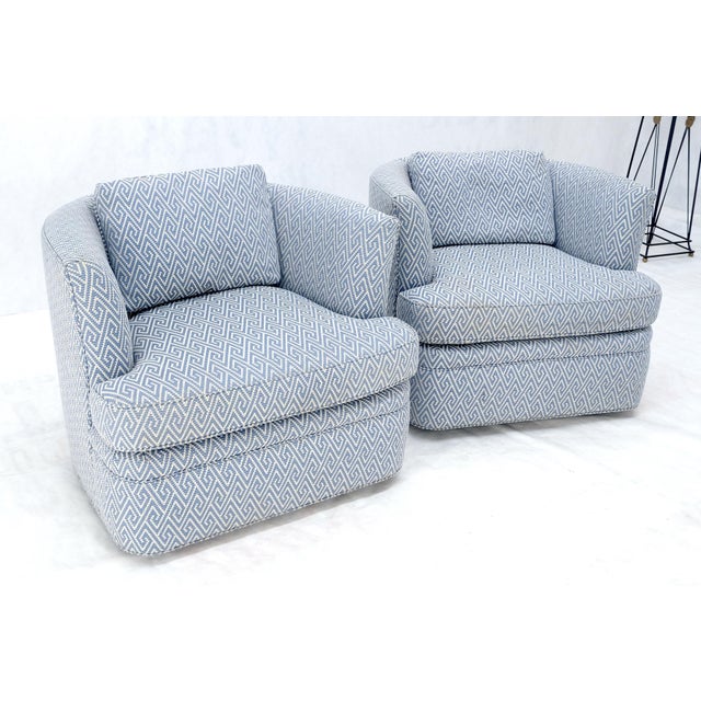 Pair of Blue & White Upholstery Vintage MCM Barrel Back Swivel Chairs For Sale - Image 13 of 13