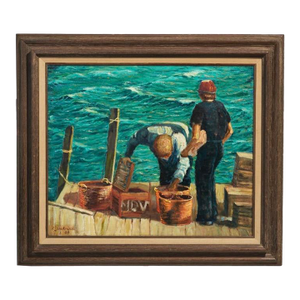 Vintage Fishermen on Boat Dock Original Oil Painting, Signed