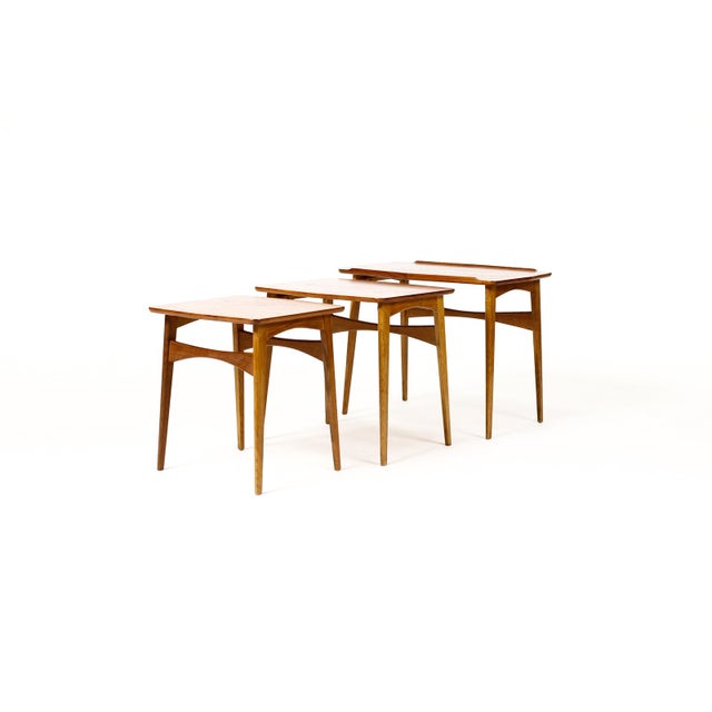 Danish Modern Mid Century Vintage Teak + Oak Nesting Tables — Set of Three — Attributed to Svend Aage Madsen For Sale - Image 4 of 15