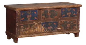 Antique Wooden Chest with Blue Floral Panels, 1905