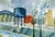 American Industrial Landscape With Trees in Oil on Linen by Doris Lyons Hoover For Sale - Image 3 of 8