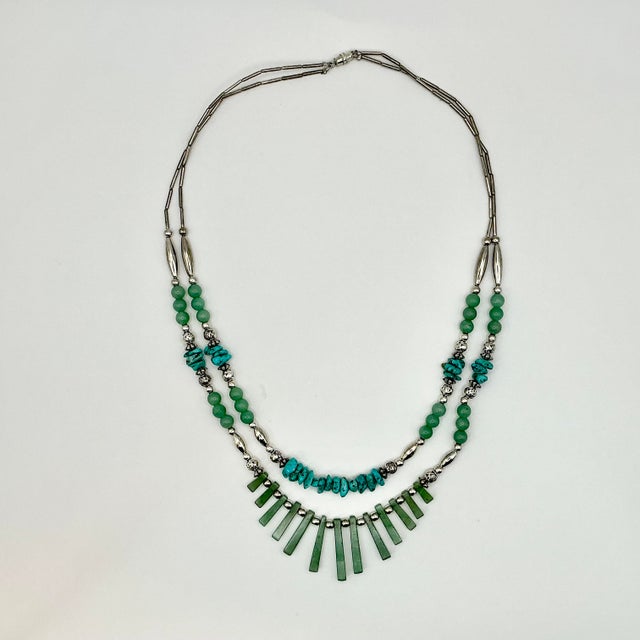 1970s Vintage Southwestern Mexican Boho Chic Double Strand Sterling, Turquoise & Jade Necklace For Sale - Image 13 of 18