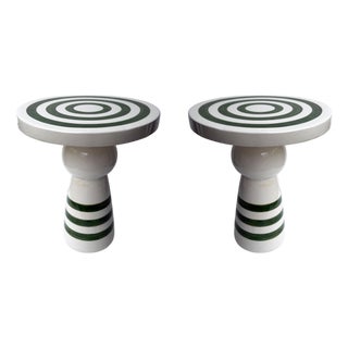 Contemporary Pair of Green and White Ceramic Stripe Side Tables. Italy For Sale