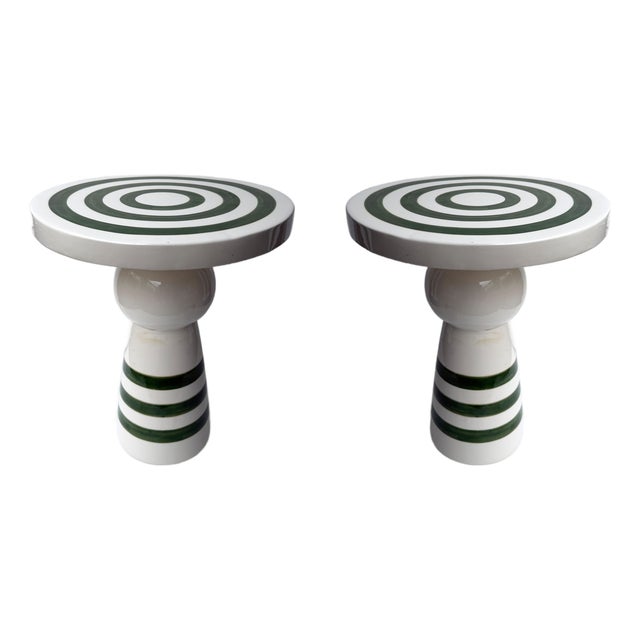 Contemporary Pair of Green and White Ceramic Stripe Side Tables. Italy For Sale