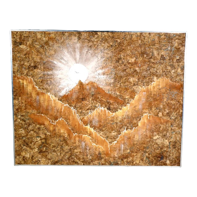 Vintage Retro Large Horizon Painting on Cork Original Painting Art Mid Century Retro Framed Wall Sunset Mountain For Sale