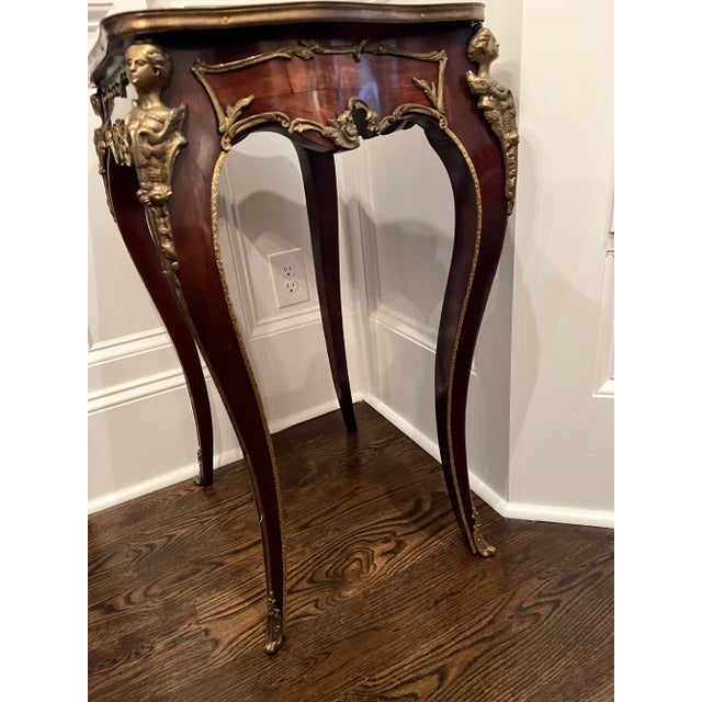 Brown 1990s Vintage French Style Painted Figures Brass Ormolu Accents Tall Table For Sale - Image 8 of 12