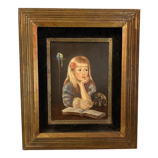 1960s Portrait Painting of Sweet Girl With Pup and Parrots For Sale