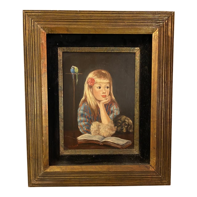 1960s Portrait Painting of Sweet Girl With Pup and Parrots For Sale