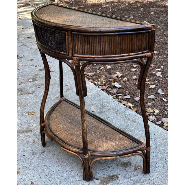 Chinoiserie Dark Bamboo and Rattan Demi Lune Table For Sale - Image 4 of 12