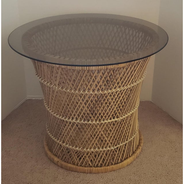 Exceptional Mid-Century Modern Wicker & Rattan Side Table — 22" Floating Glass Top For Sale In Phoenix - Image 6 of 6