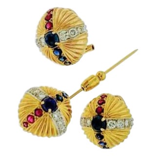 18 Karat Yellow Gold Ruby Sapphire and Diamond Earring and Stick Pin Set Estate For Sale