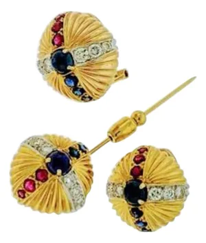 18 Karat Yellow Gold Ruby Sapphire and Diamond Earring and Stick Pin Set Estate