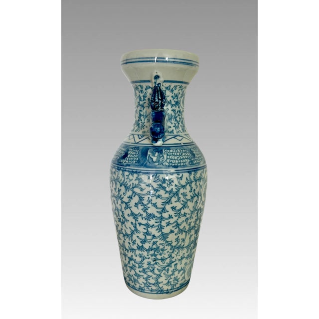 Vintage Blue and White Porcelain Double Happiness Chinese Porcelain Vase With Foo Lions & Wood Stand For Sale - Image 4 of 6