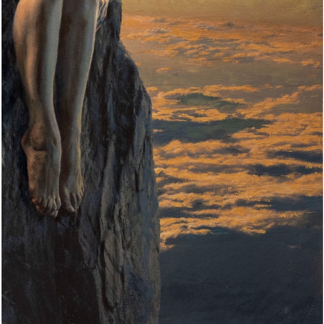 Figurative Pedestal by Dave Seeley | Oil on Canvas on Panel Figure seated on a rocky pedestal above clouds. For Sale - Image 3 of 5