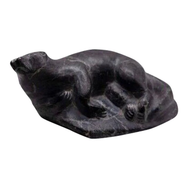 Late 20th Century Inuit Canadian Eskimo Carved Soapstone Otter Native Sculpture Signed Abraham Pov For Sale