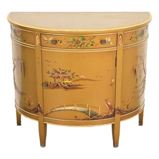 Imperial Furniture Regency Chinoiserie Gold Lacquered Hand Painted Demilune Console or Bar Cabinet, Circa 1940s For Sale