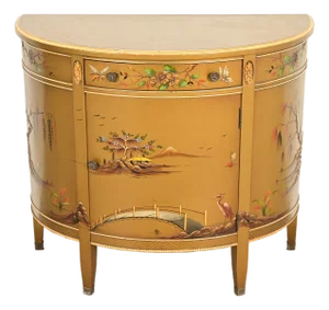 Imperial Furniture Regency Chinoiserie Gold Lacquered Hand Painted Demilune Console or Bar Cabinet, Circa 1940s
