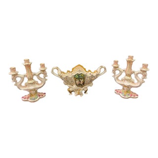 Vintage Italian Capodimonte Centerpiece Bowl With Handles and Pair of Candleholders- 3 Pieces For Sale
