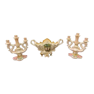 Vintage Italian Capodimonte Centerpiece Bowl With Handles and Pair of Candleholders- 3 Pieces