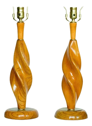 Mid-Century Carved Spiral Oak & Brass Sculptural Table Lamps by Yasha Heifetz, Unmarked - a Pair