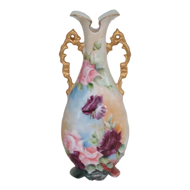 Porcelain Blue Orange Hand Painted Floral Footed Gold Double Handle Vase For Sale