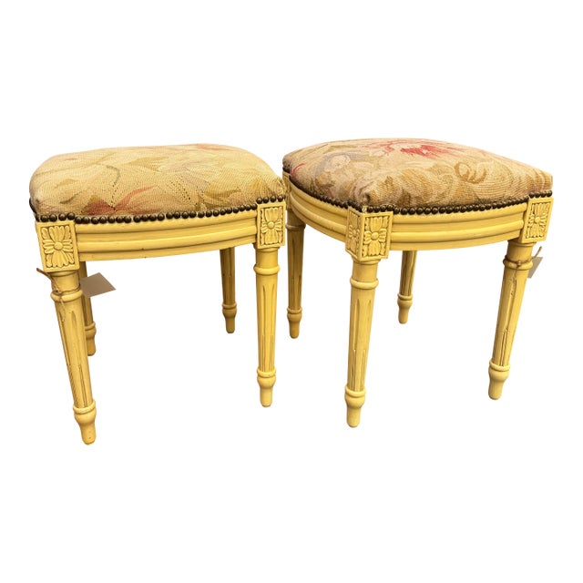 Mid 20th Century Vintage French Louis XVI Style Painted Stool With Floral Needlepoint Fabric and Nailhead Trim For Sale