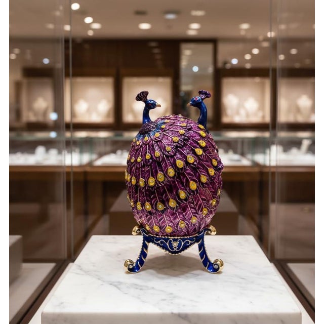 Amethyst Pierre Lorren Handmade Faberge Egg Style Trinket Peacock Couple Fabergé Egg Style Austrian Crystal Diamond Pure Gold Deco For Sale In Washington DC - Image 6 of 8