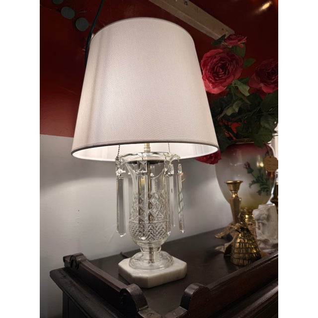 Traditional Pair of Antique Crystal Table Lamps With Prisms and Marble Base For Sale - Image 3 of 8