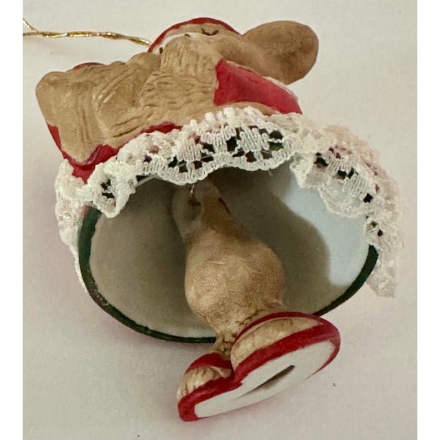 Vintage Mid 20th Century Hand Painted Bisque Porcelain Mother Mouse With Baby Bell Tree Ornament For Sale - Image 9 of 9