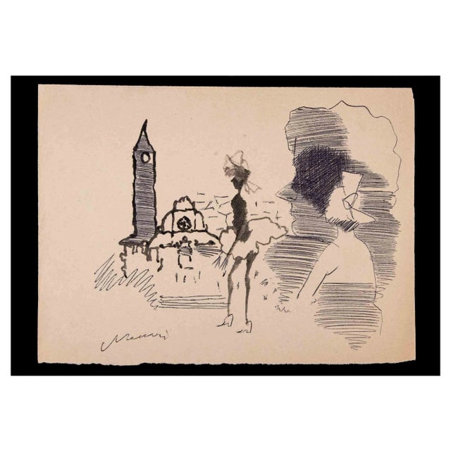 Mino Maccari, Figures in the City, Ink Drawing, 1962 For Sale