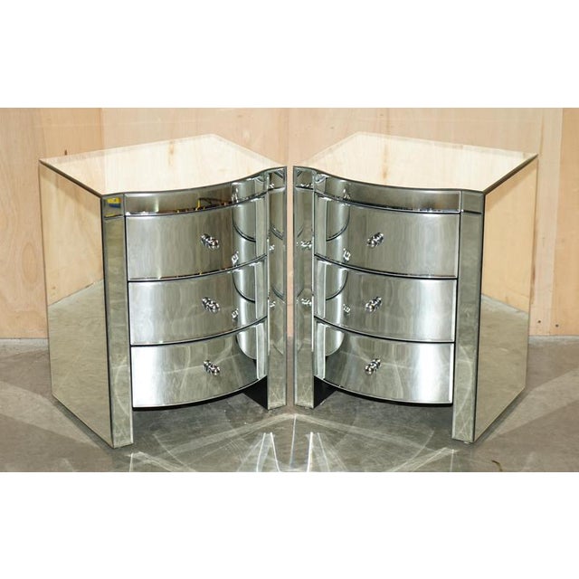 Bow Fronted Mirrored Glass Chest of Drawers with Side Tables, Set of 2 For Sale - Image 12 of 18