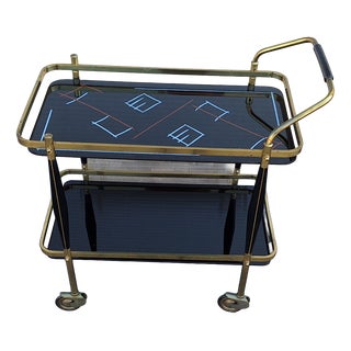 Mid-Century German Tea Trolley with Brass Frame and Black Glass Shelves, 1960s For Sale