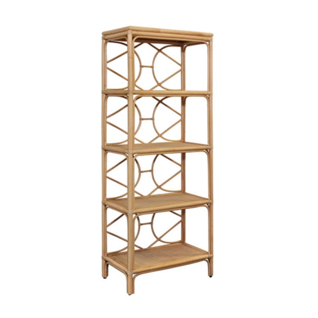 Boho Chic Matthew Izzo Home Danielle Natural Rattan Four Shelf Etagere With Decorative Back For Sale - Image 3 of 8