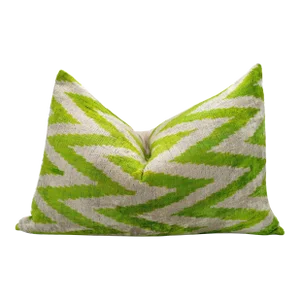 Handmade Zigzag Green & Ivory Throw Pillow Cover & Feather Insert