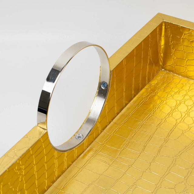 Metal Alligator Gold Pu Leather Large Barware Butler Tray With Chrome Handles For Sale - Image 7 of 9