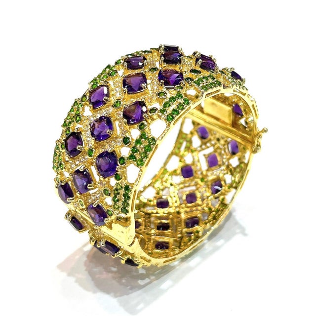 Bochic “Capri” Vintage Amethyst & Multi Color Gem & Cuff - 18K Gold & Silver For Sale - Image 10 of 12