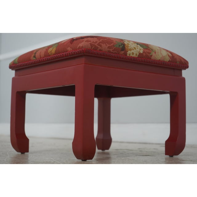 Pair of Chinese Style Red Bird & Flower Ottoman or Stools - New Upholstery For Sale - Image 10 of 12