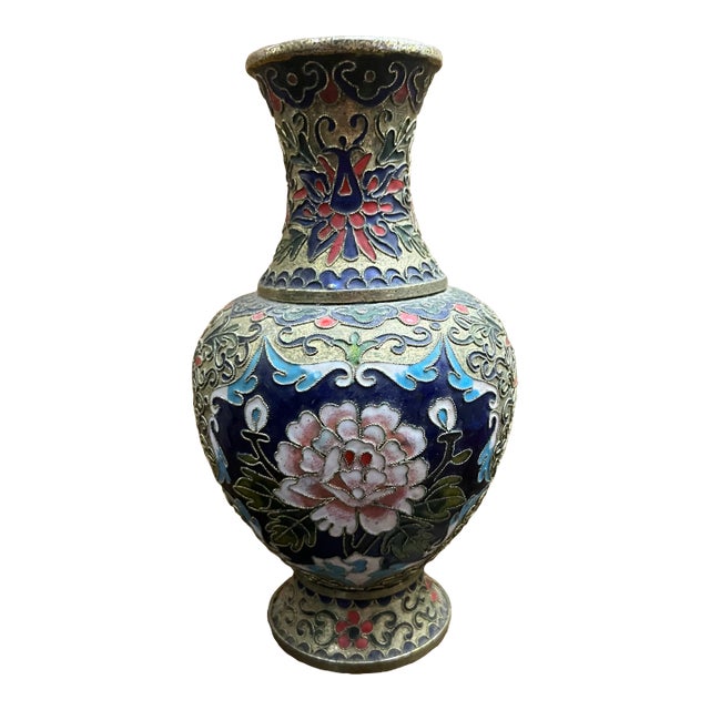 Vintage Chinese Cloisonné Enamel Vase With Pink Peony & Floral Motif, Beijing, China For Sale