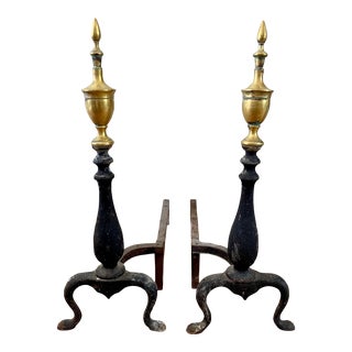 Pair of Early 20th Century Brass Topped Federal Style Andirons For Sale