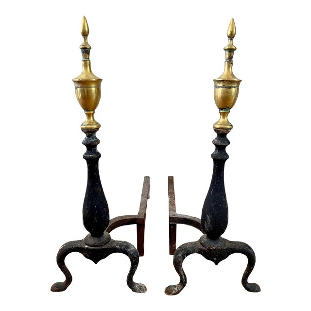 Pair of Early 20th Century Brass Topped Federal Style Andirons For Sale