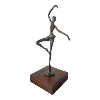 Vintage Abstract Bronze Ballerina Sculpture on Wood Base — Mid-Century Modern Figurative Art For Sale