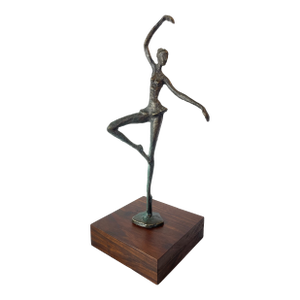 Vintage Abstract Bronze Ballerina Sculpture on Wood Base — Mid-Century Modern Figurative Art