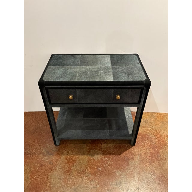 Stylish Made Goods Terrell Hair on Hide Nightstand. Black tones, gold knobs, 1 drawer. Original retail $4120. Showroom...