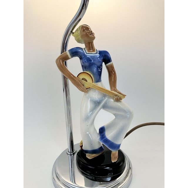 Art Deco Table Lamp with Glazed Ceramic Figure of Matrosine with a Star-Shaped Lamp Glass in Blue, Germany, 1930s For Sale - Image 4 of 18