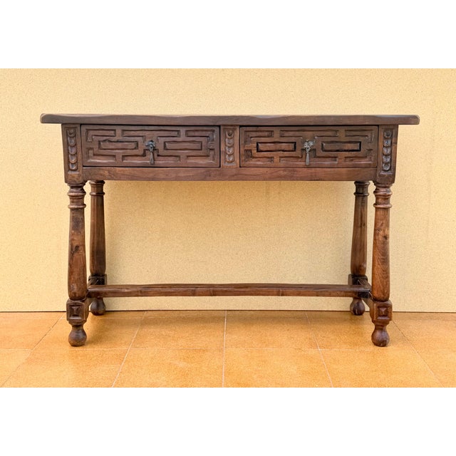 Spanish Walnut Console Table With Geometric Carved Drawers For Sale - Image 12 of 13